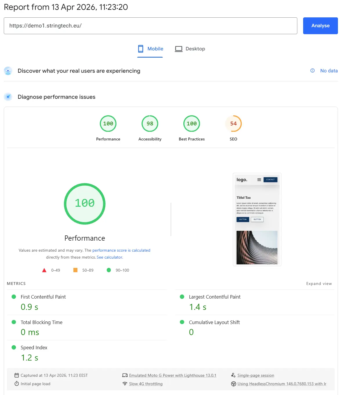 Scor Google PageSpeed Insights pentru site-uri Stringtech